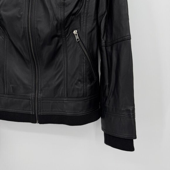 Quince Women's Black Leather Jacket size S Removable Hood Sheep Full Zip Lined - Picture 5 of 16